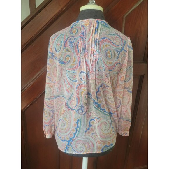 Tommy Hilfiger Womens Paisley Print Blouse M Sheer Long Sleeve Tie Neck Lightwei - Picture 3 of 7